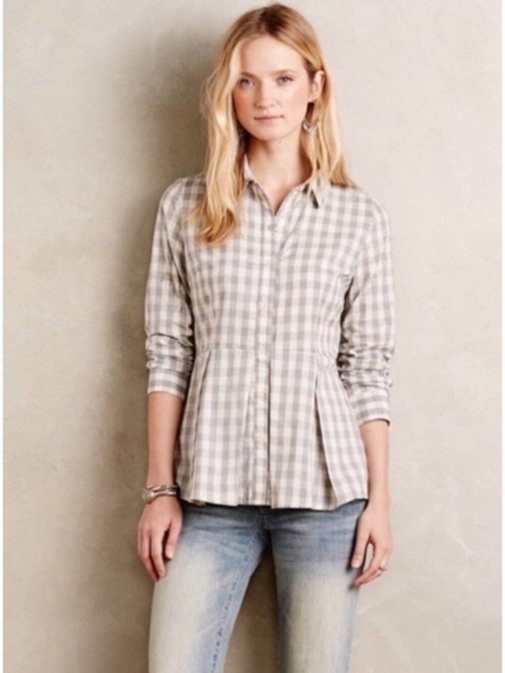 NWT Anthropologie 11.1. TYLHO Buffalo Check Peplum Button Down Shirt Medium $98.